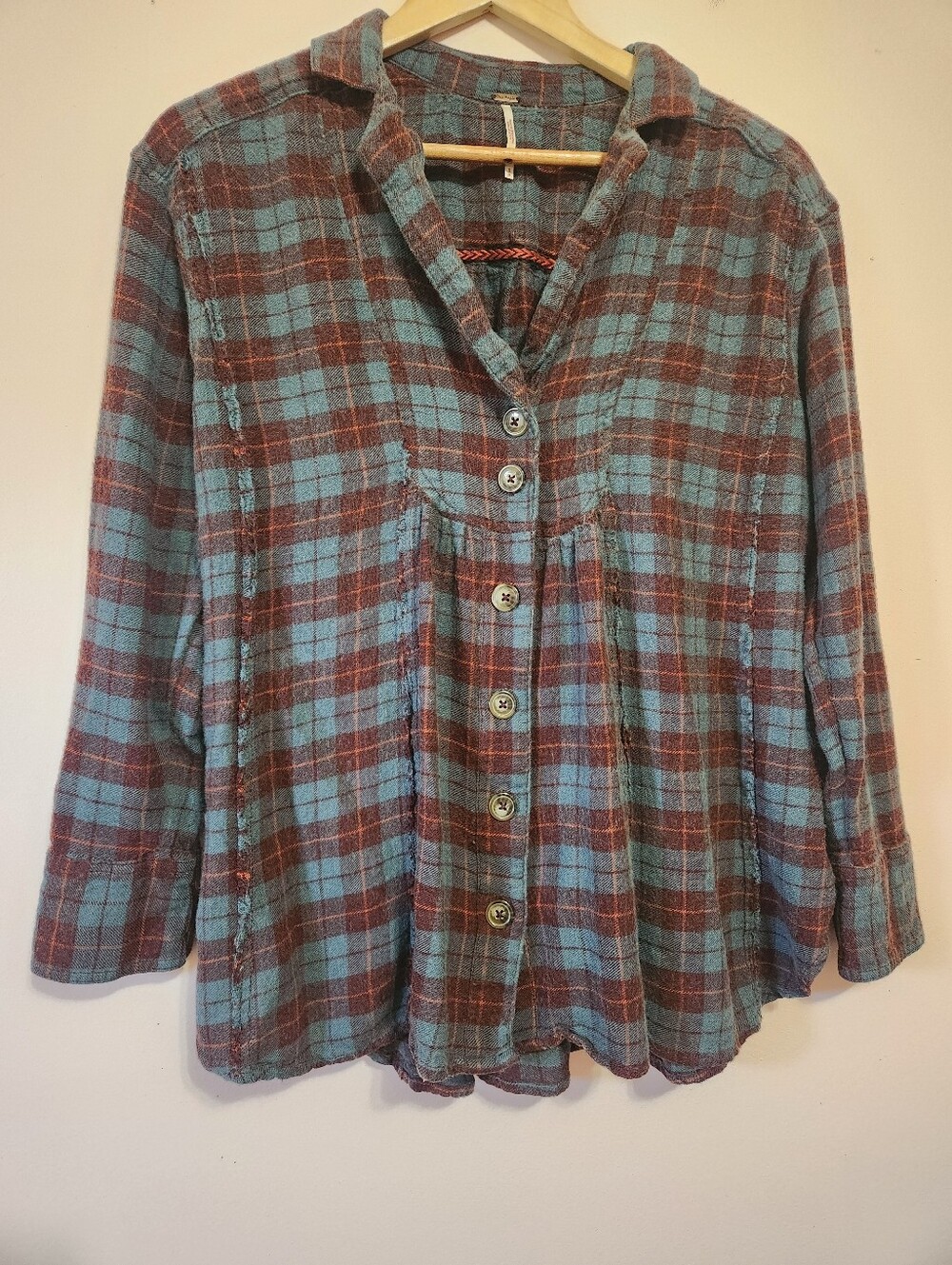 Free People All About The Feels Plaid Wool Blend Raw Seam Boho Tunic Blouse S